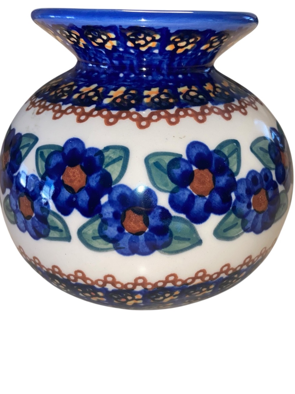 Polish Pottery Bubble Vase Made In Poland Blue Flowers Round UNIKAT Signed